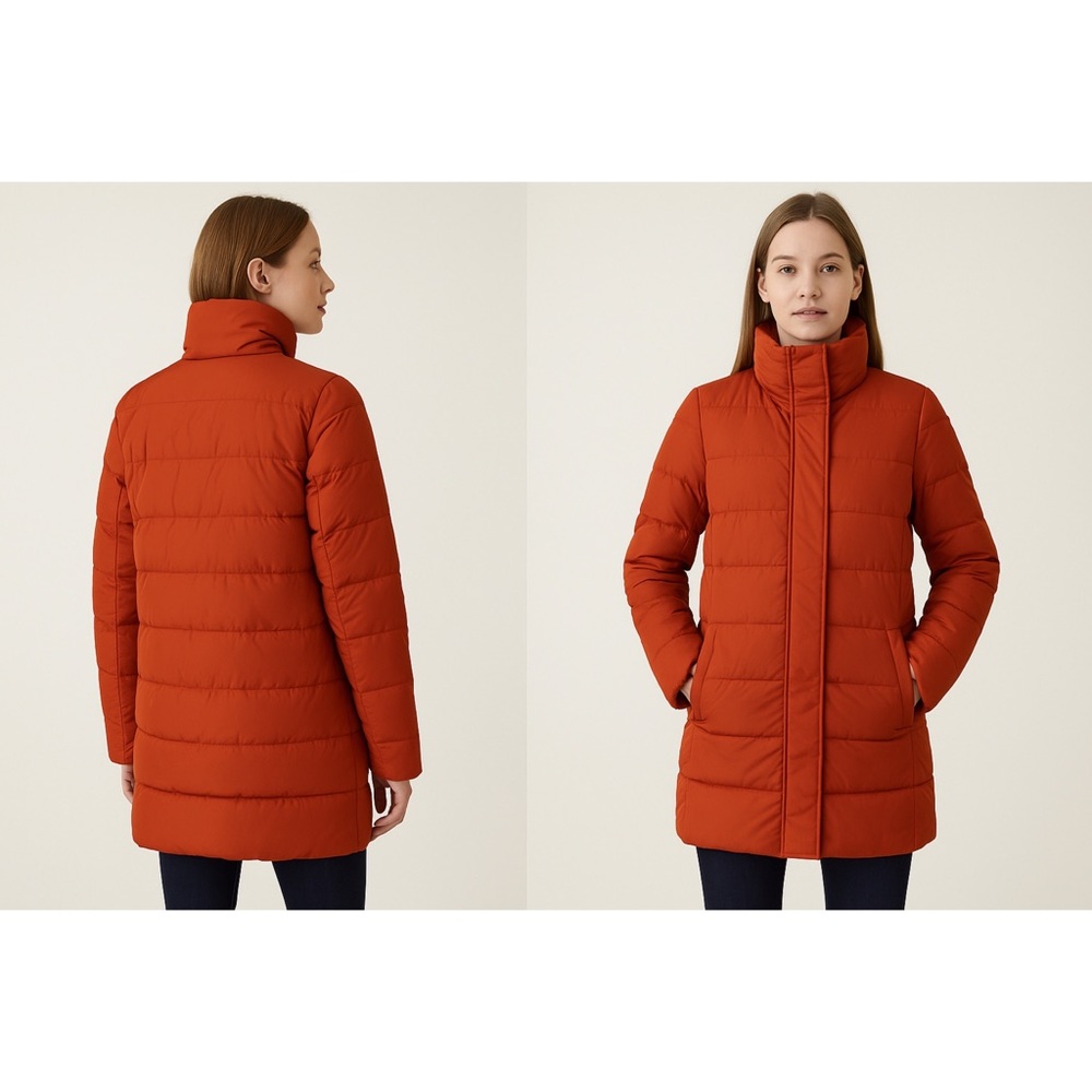 $240 Lands' End Dark Orange Quilted Puffer Zip Up Long 600 Down Jacket size XS